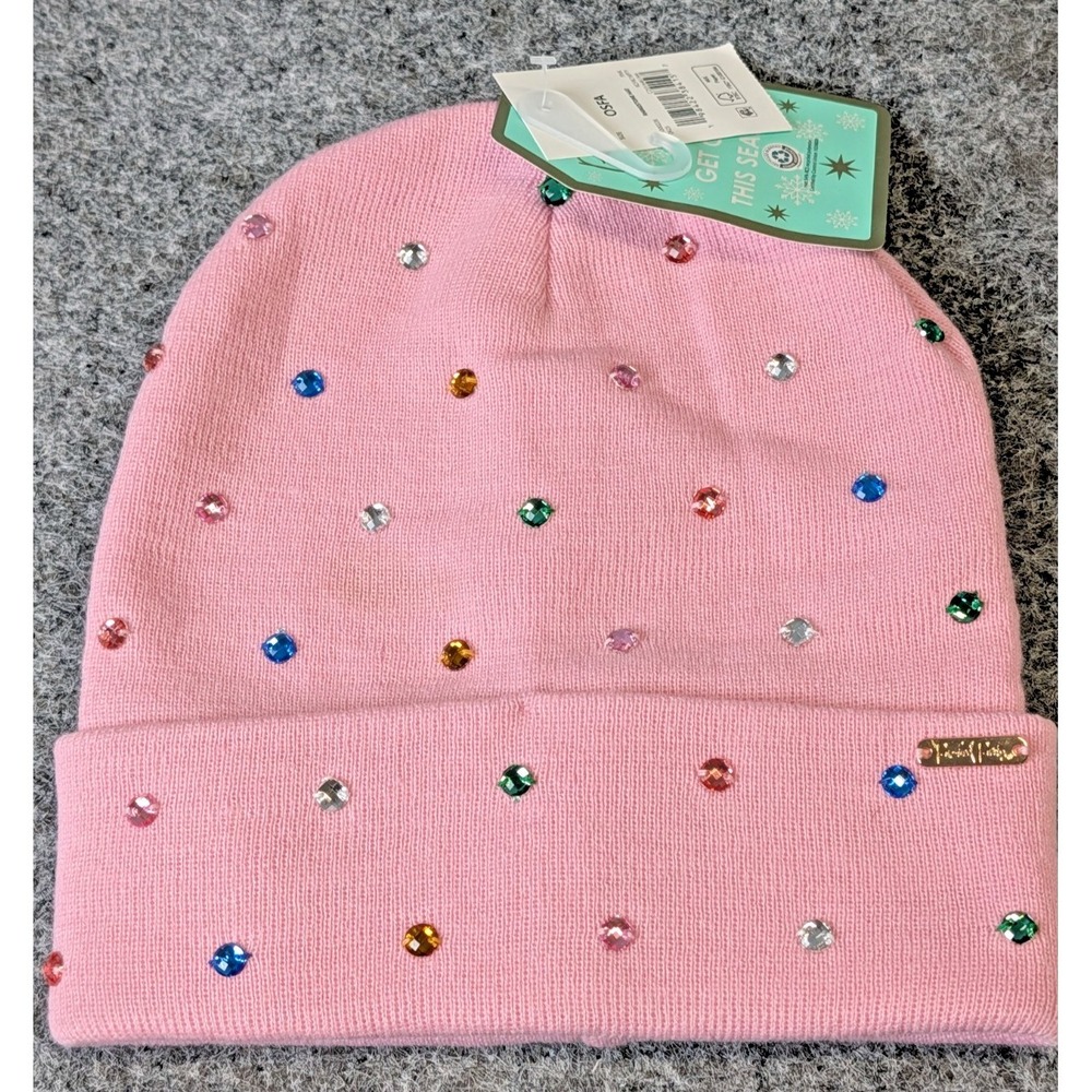 Packed Party Knit Rhinestone Front Beanie  Pink New with Tags